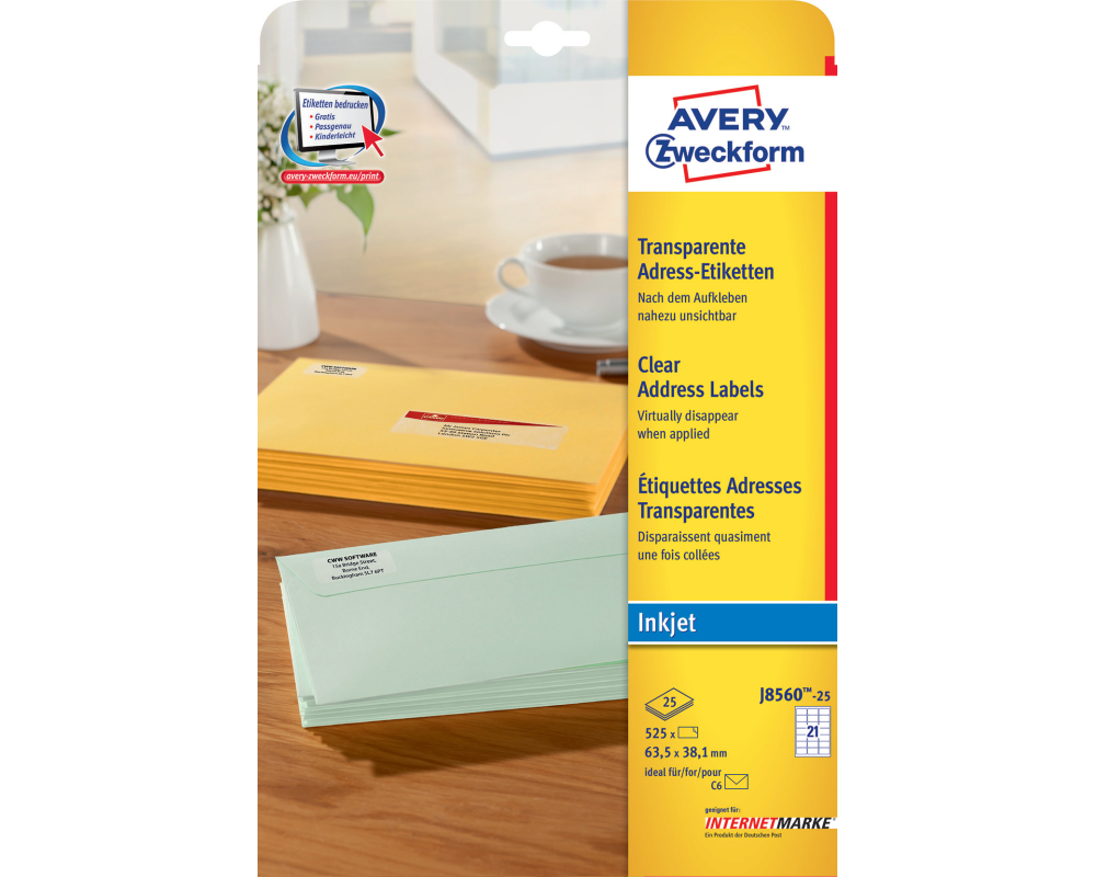 AVERY ZWECKFORM Etiketten J8560 J8560-25 63.5x38.1mm transp.525Stk.20B