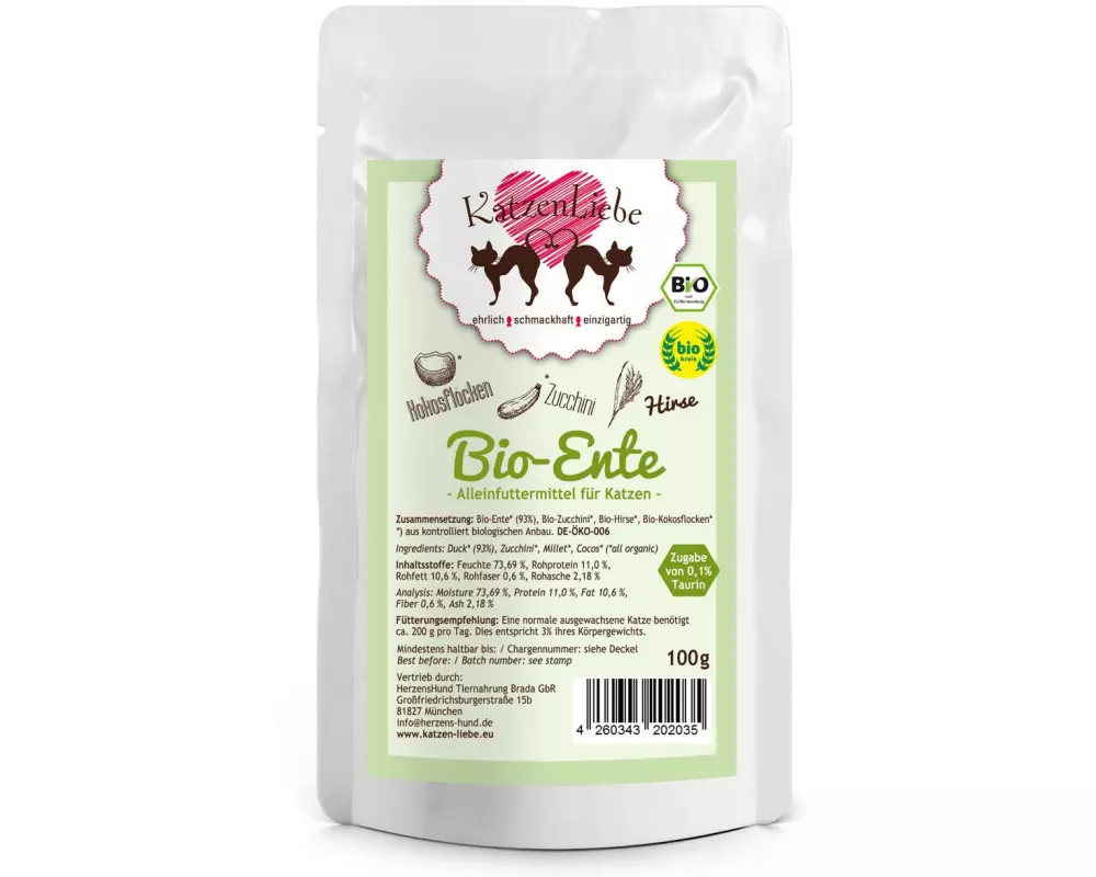 KatzenLiebe Nassfutter Bio-Ente mit Bio-Zucchini, 100 g