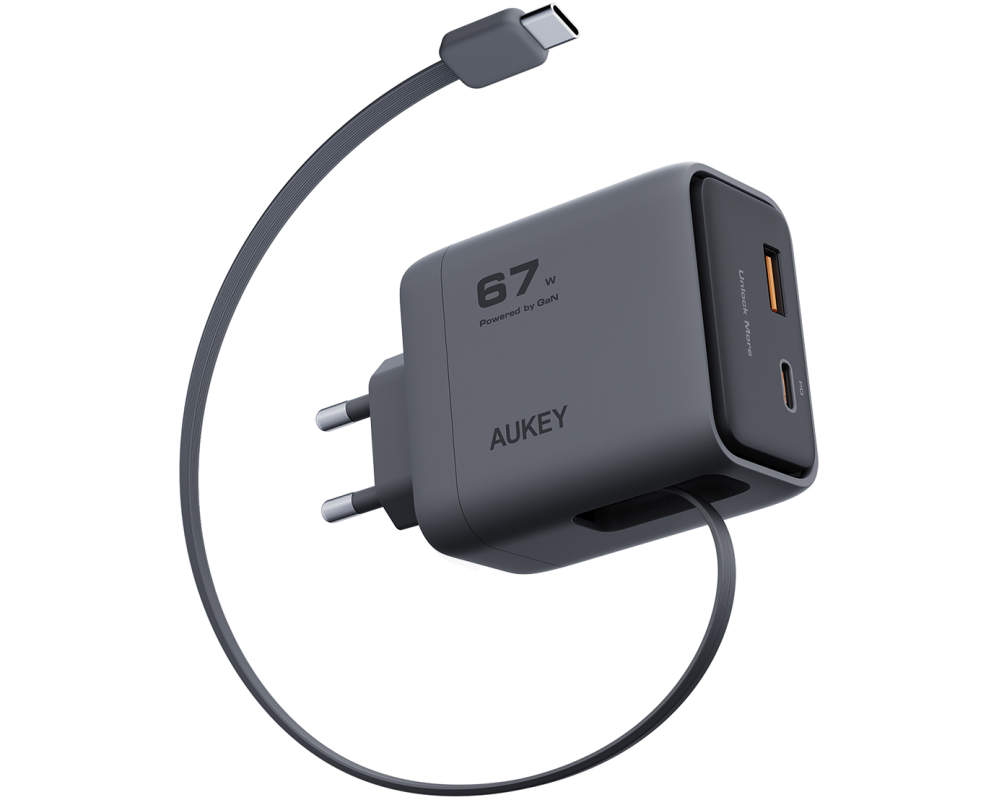 AUKEY Comet Reel Wallcharger 67W PA-C12 GaN,PD,Retrecta. USB-C Cable