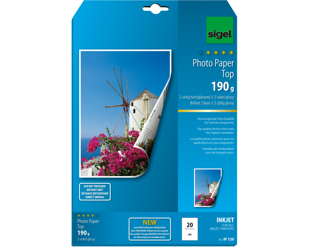 SIGEL InkJet Fotopapier A4 IP720 190g,glossy, weiss 20 Blatt