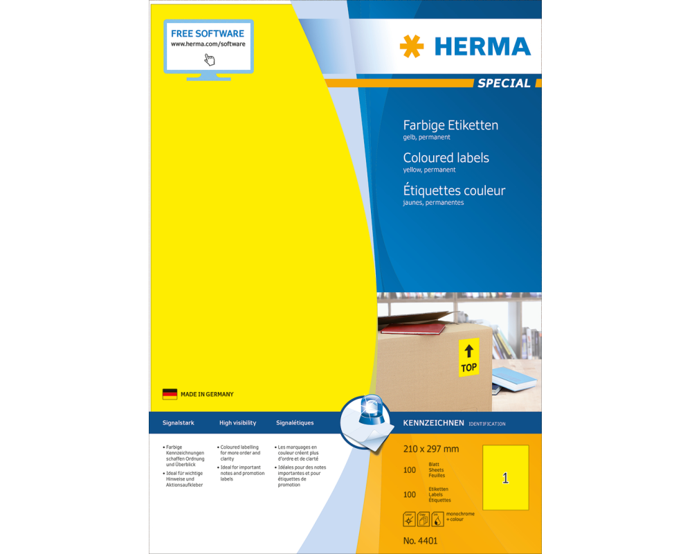 HERMA Etiketten SPECIAL 210x297mm 4401 gelb,perm. 100 St./100 Bl.