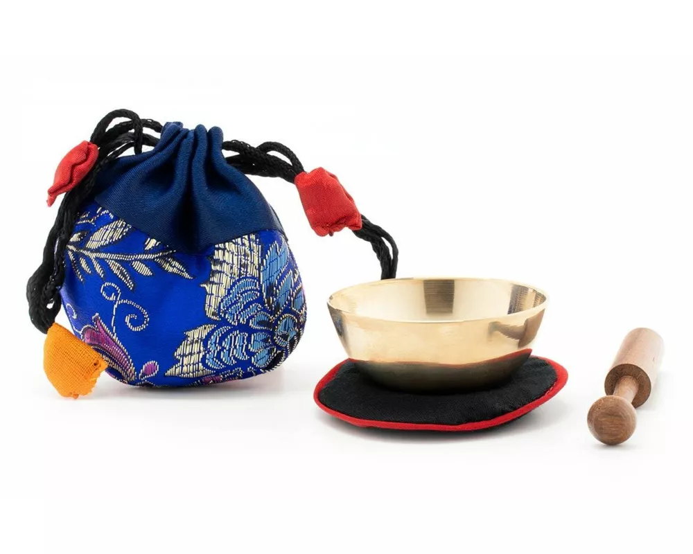 Mini-Klangschale mit gutem Klang in blauem Beutel