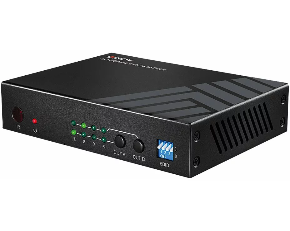 LINDY 4x2 HDMI 2.0 4K 18G Matrix Switch with Audio Extractor Optical Out or 3.5mm Jack 4K 3840x2160at60Hz 4:4:4 8bit