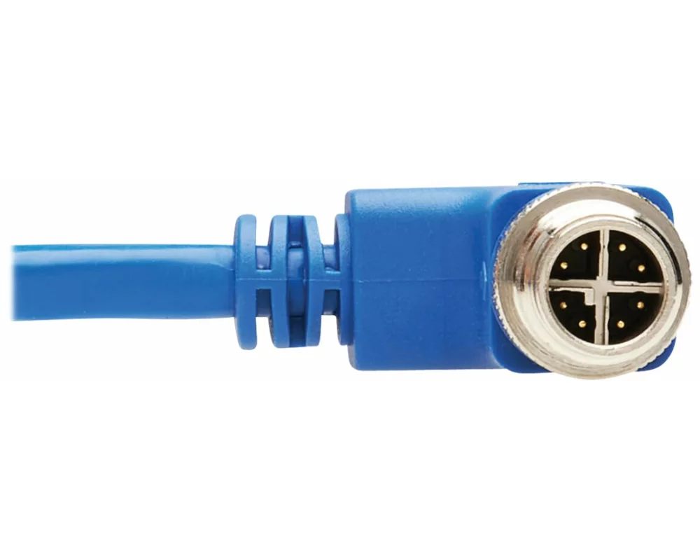 EATON TRIPPLITE M12, X-Code, Cat6, 1G, UTP, CMR-LP, Ethernet Cable, Right-Angle, M12m/RJ45m, IP68, PoE, Blue, 10m 32.8 ft.