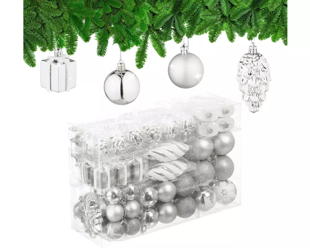 relaxdays Weihnachtskugeln im 72er-Set Silber-Weiss Silber/Weiss