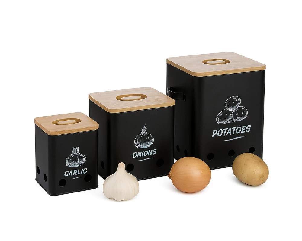 relaxdays Kartoffelbehälter 3er Set, Schwarz