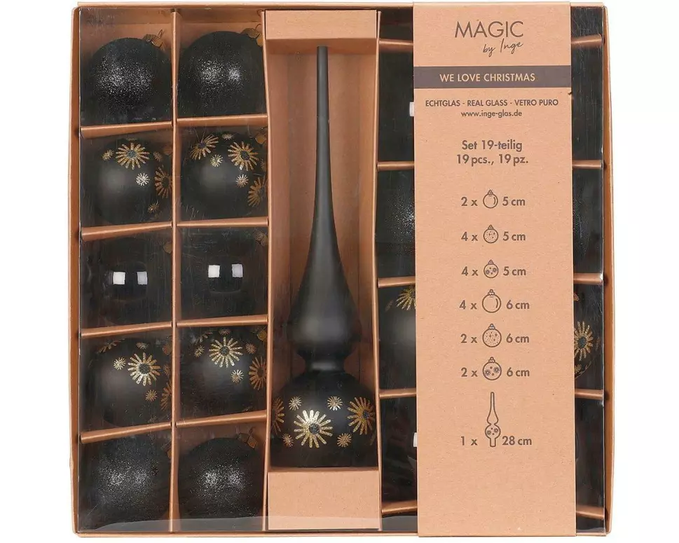 INGES CHRISTMAS DECOR Weihnachtskugel Set mit Baumspitze Ebony Black 1 Stück