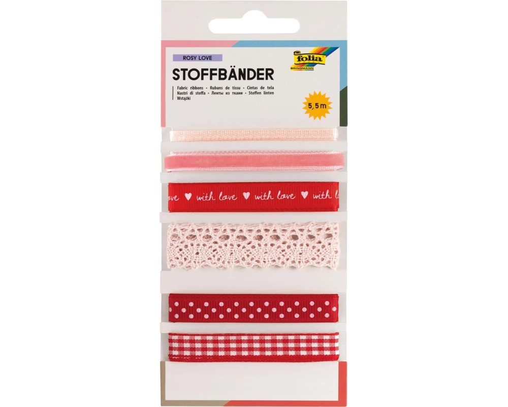 Folia Textilband Rosy Love 5.5 m, Rot, 6 Stück