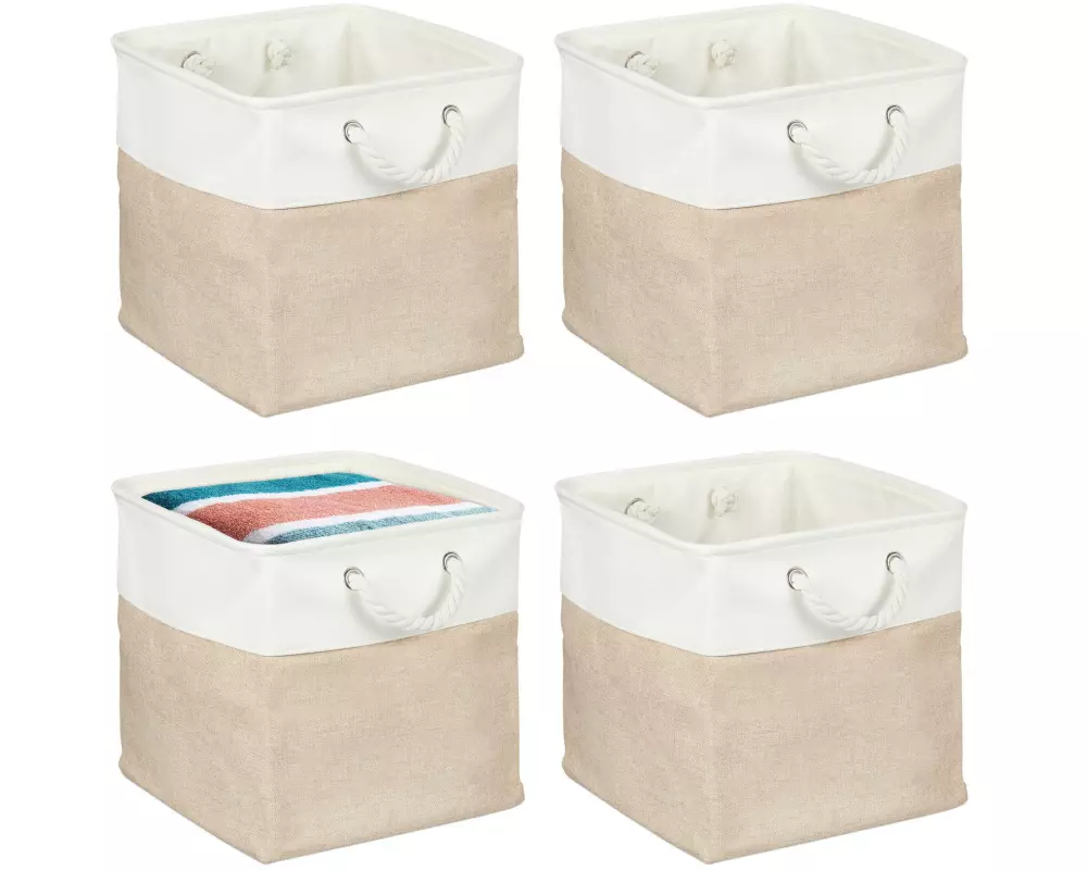 relaxdays Aufbewahrungsbox Leinen 4 Stück, Beige/Weiss