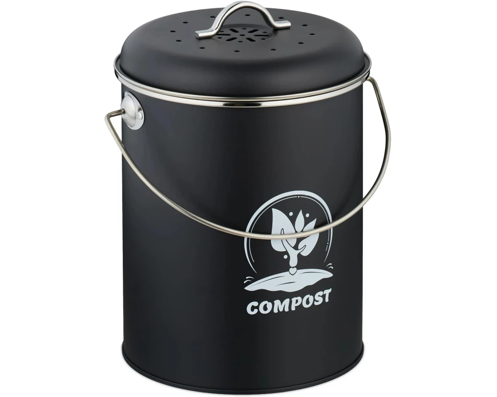 relaxdays Komposteimer mit Geruchsfilter 5.5 l, Schwarz/Silber