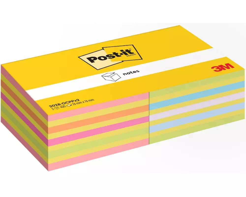 Post-it Notizzettel 3M, 76 x 76 mm, 2 Blöcke, verschiedene Farben