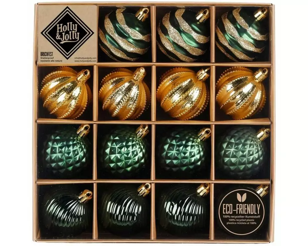 Holly & Jolly Weihnachtskugel Mix Dunkelgrün 16 Stück, 6 cm