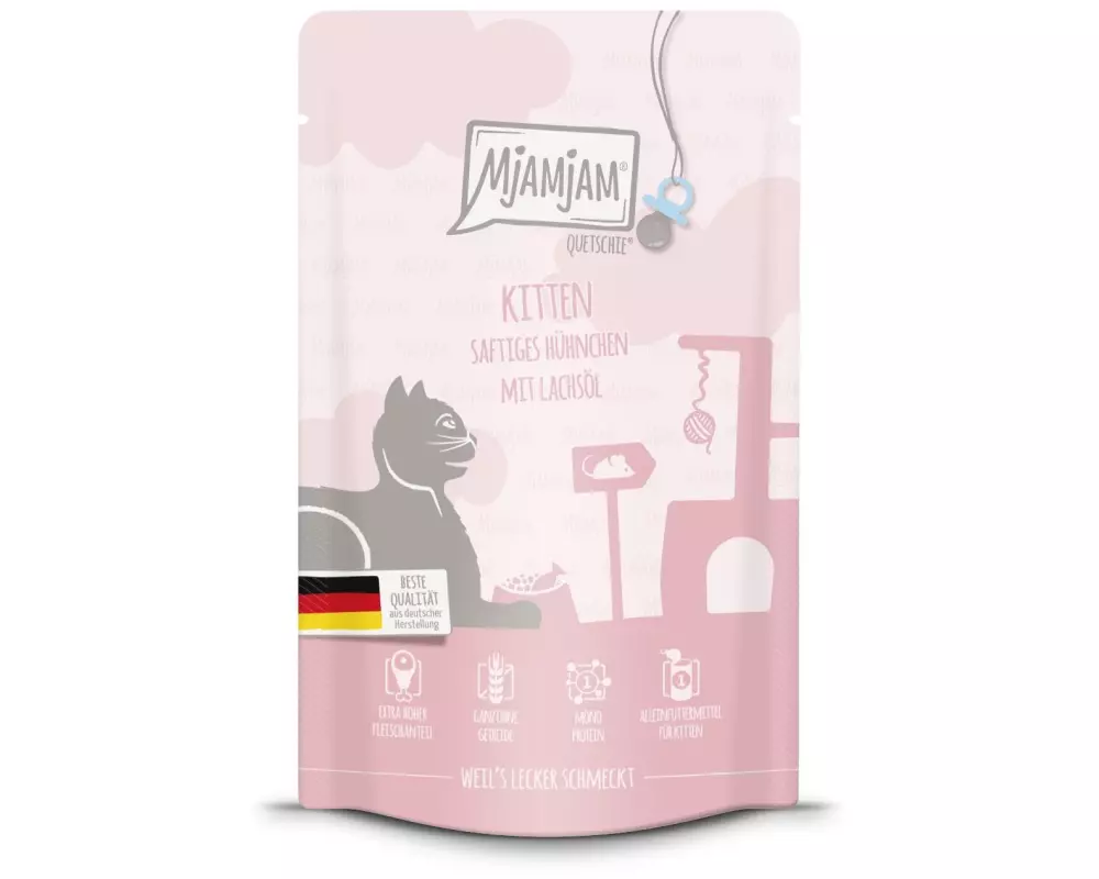 Mjamjam Nassfutter Quetschie Kitten Huhn mit Lachsöl, 125 g