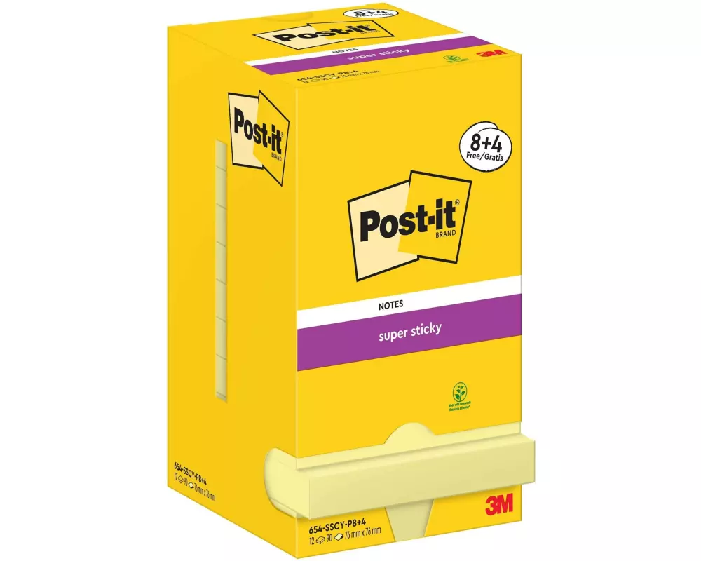 Post-it Notizzettel Super Sticky 76 x 76 mm, Gelb, 12 Blöcke