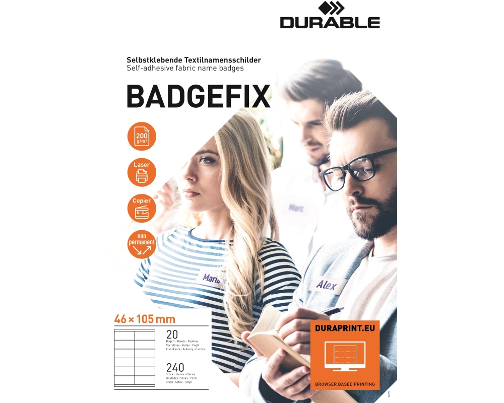 DURABLE Namensschild BADGEFIX 46x105mm 836302 weiss 20 Blatt/240 Stück