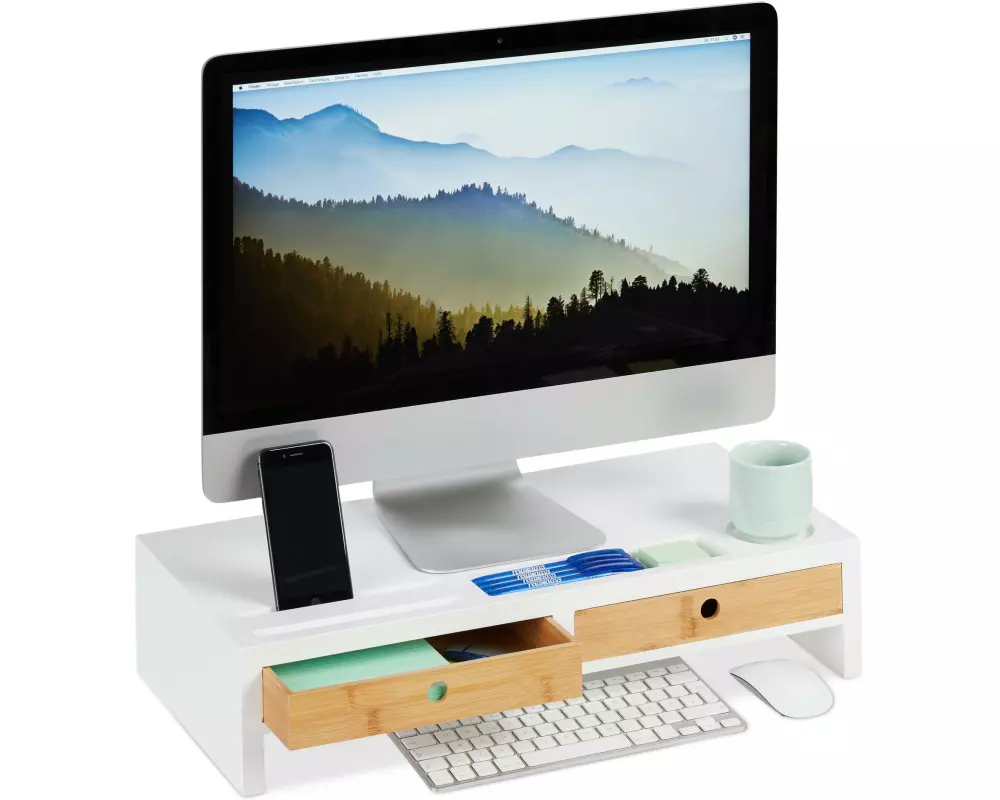relaxdays Monitorständer 12 x 55.5 x 27 cm, Weiss / Hellbraun