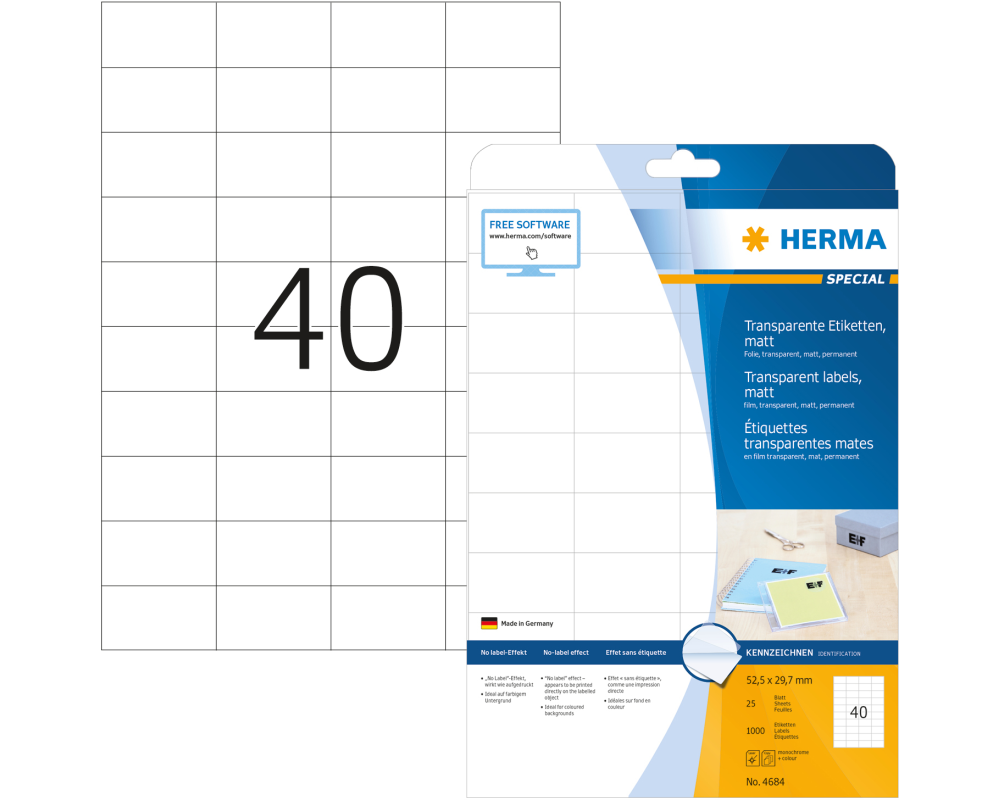 HERMA Etiketten Special 52,5x29,7mm 4684 transparent 25 Blatt