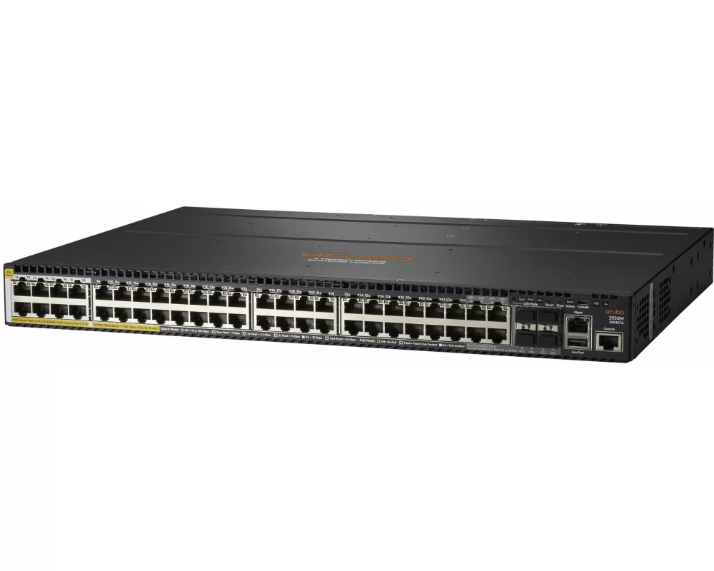 HPE Aruba 2930M Switch, 40G, 1 Slot, PoE Class 6, Layer 3, 10 Chassis Backplane Stacking, Static, RIP, Access OSPF Routing, w/o PSU