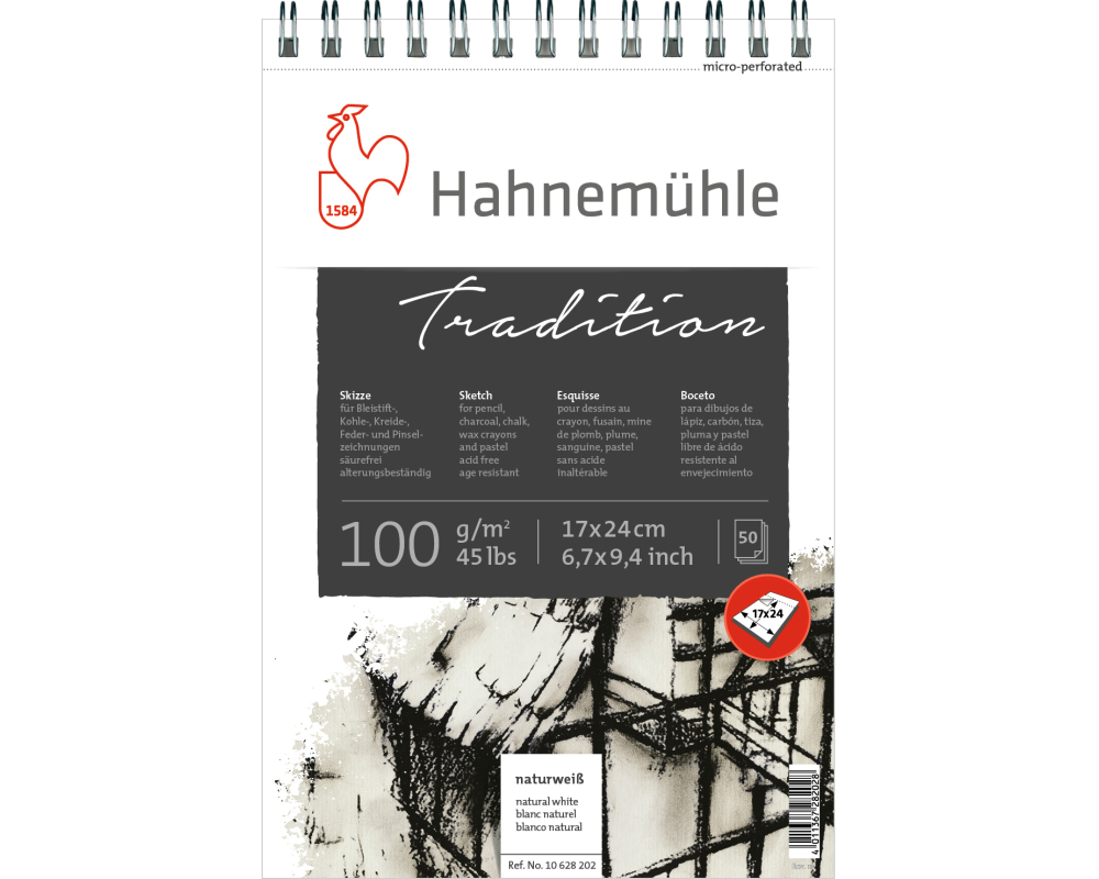HAHNEMÜHLE Spiralblock Tradition 17x24cm 10628202 weiss, 100g 50 Blatt
