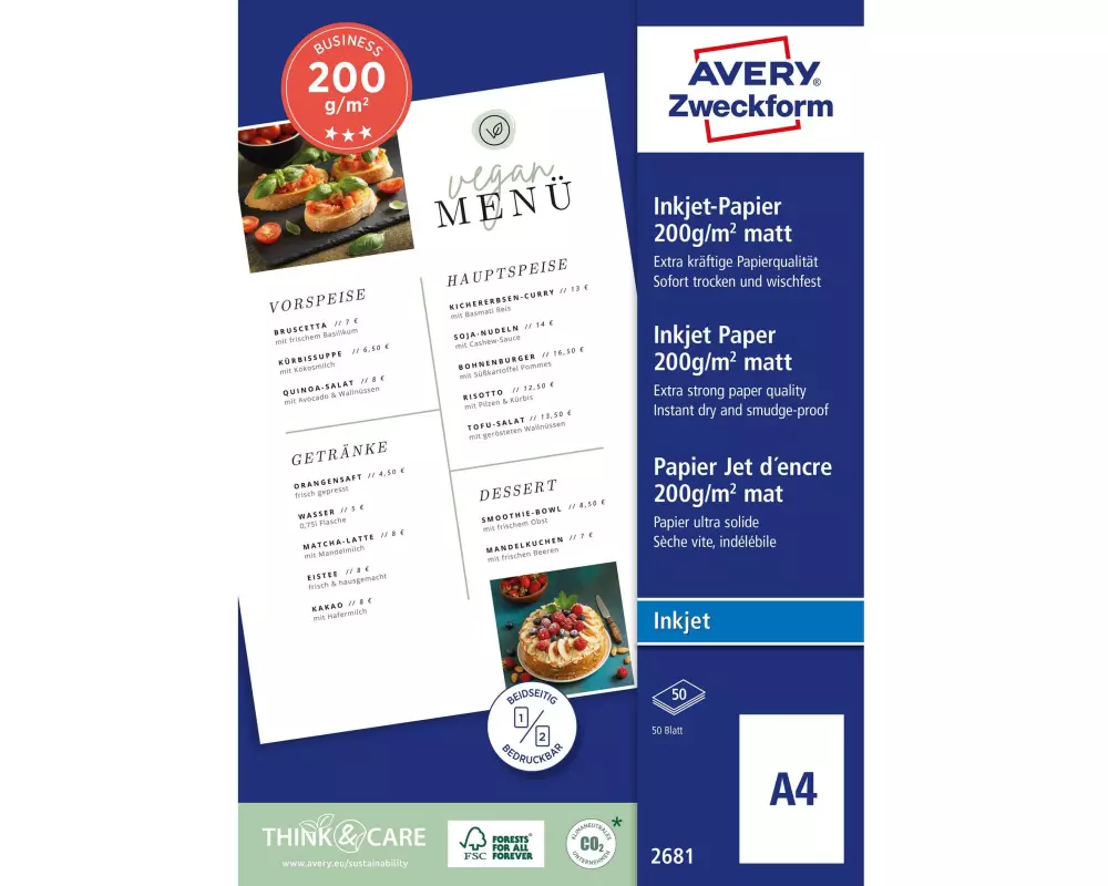 Avery Zweckform Fotopapier A4, weiss matt, 50 Blatt