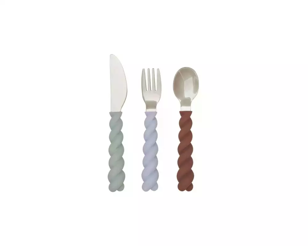 OYOY Kinderbesteckset Mellow 3 Stück, Blau/Braun/Grün