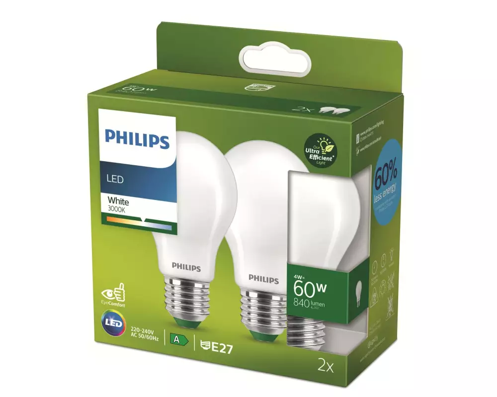 Philips Lampe Ultra Efficient LED E27 3000K 2St. Warmweiss