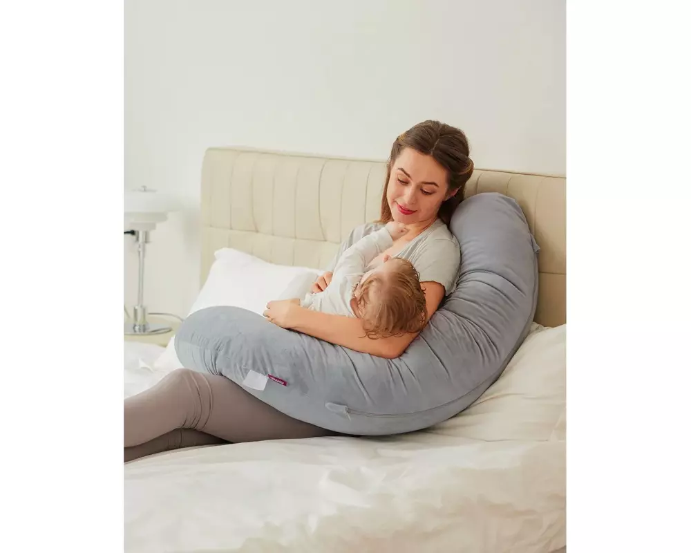 momcozy F-förmiges Schwangerschaftskissen Samt, Grau, 148 x 78 cm