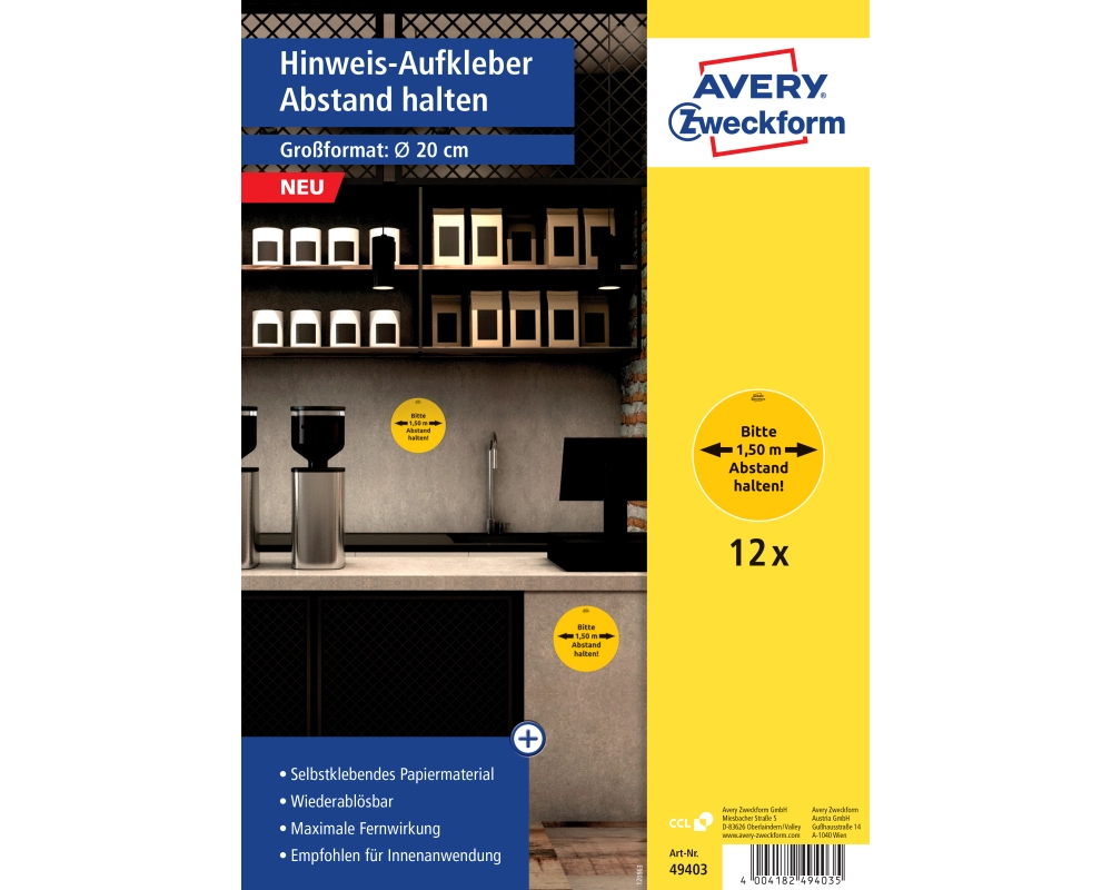 AVERY ZWECKFORM Hinweis-Aufkleber DE 20cm 49403Z Abstand halten 12 Stück