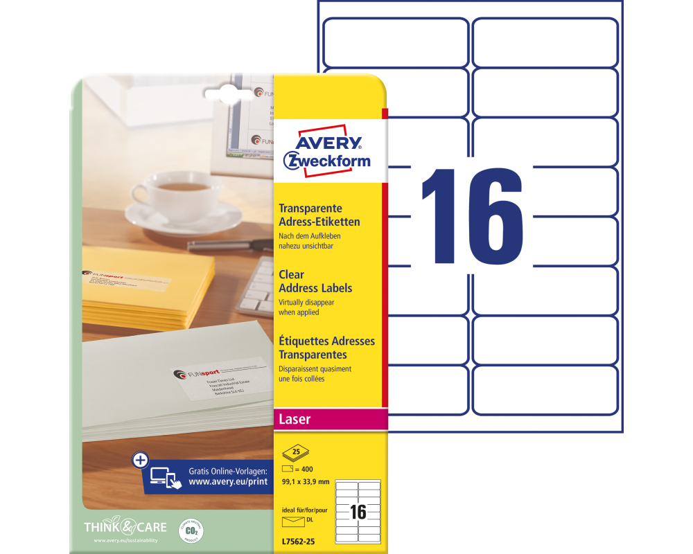 AVERY ZWECKFORM Adress-Etik. Laser 99,1x33,9mm L7562-25 transparent 400 St./16 Blatt