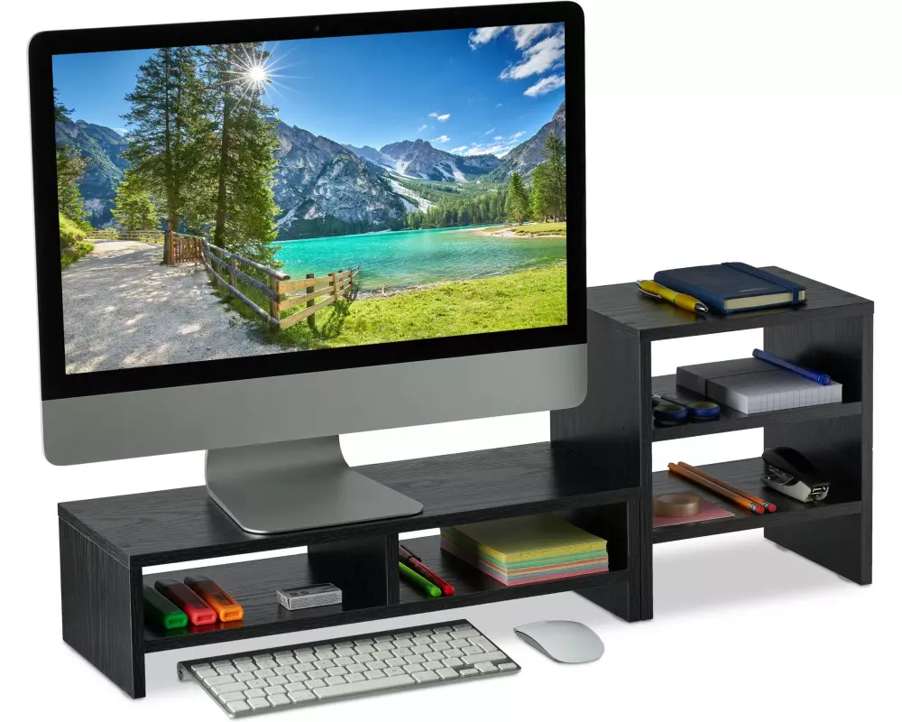 relaxdays Monitorständer mit Ablagen 28 x 75.5 x 20 cm, Schwarz