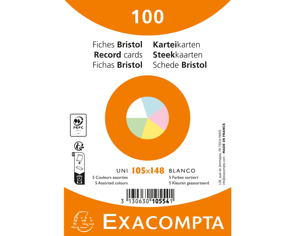 EXACOMPTA Karteikarten blanco A6 10554E farbig assortiert 100 Stück