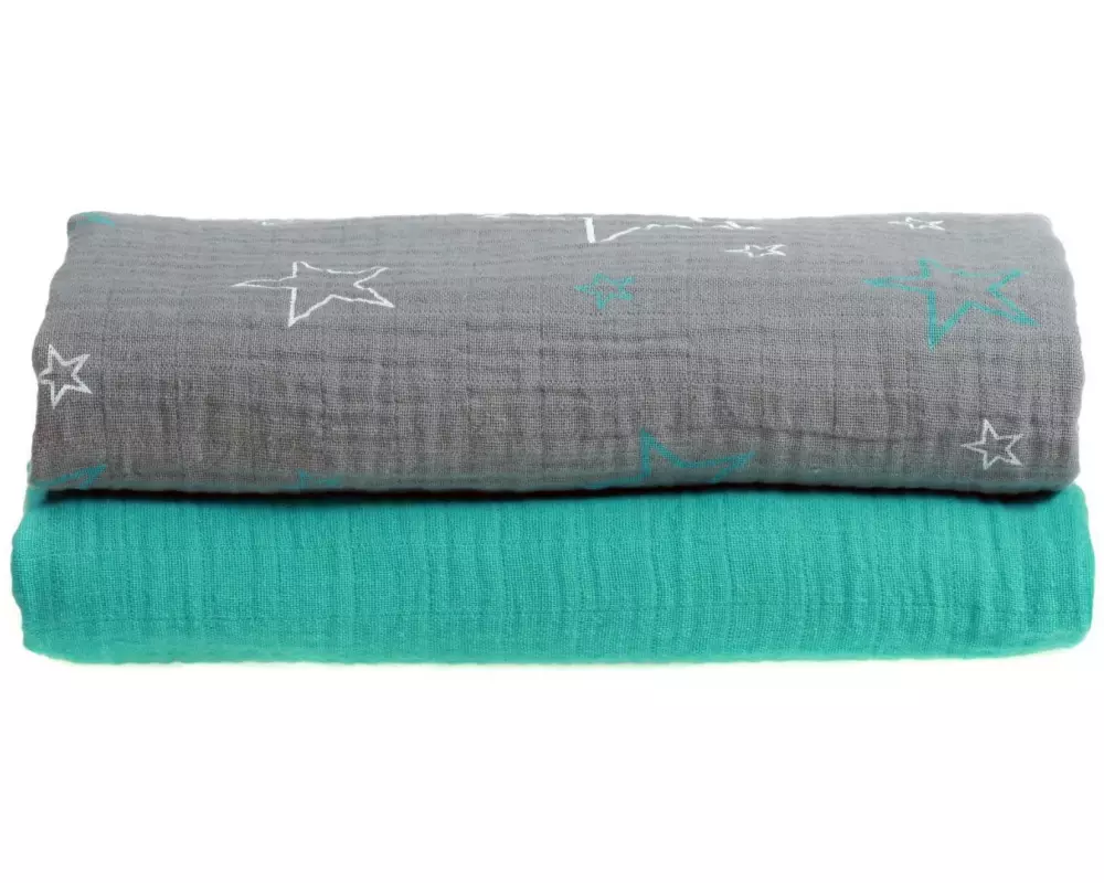 MAKIAN Mulltuch 2-er Set 120 x 120 cm Türkis und Grau Sterne