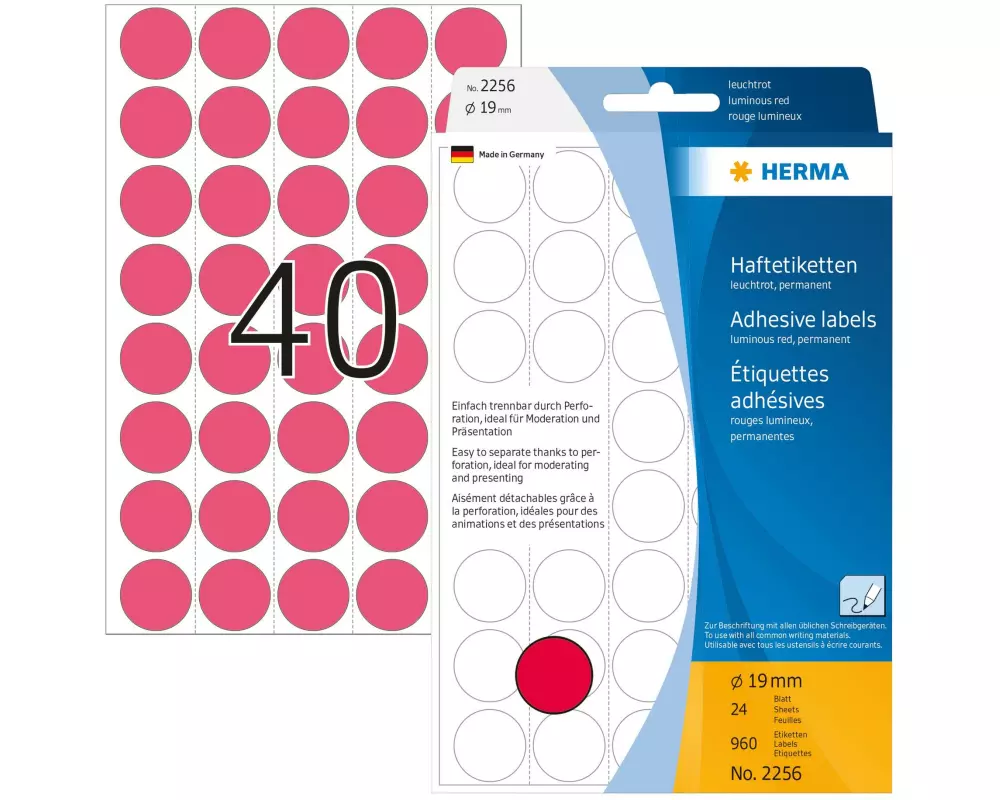 HERMA Vielzweck-Etiketten 2256 Leuchtrot Ø 19 mm, 24 Blatt