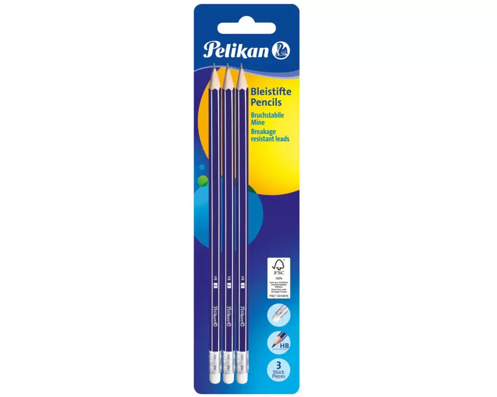 Pelikan Bleistift HB, Blau mit Radierer, 3 Stück