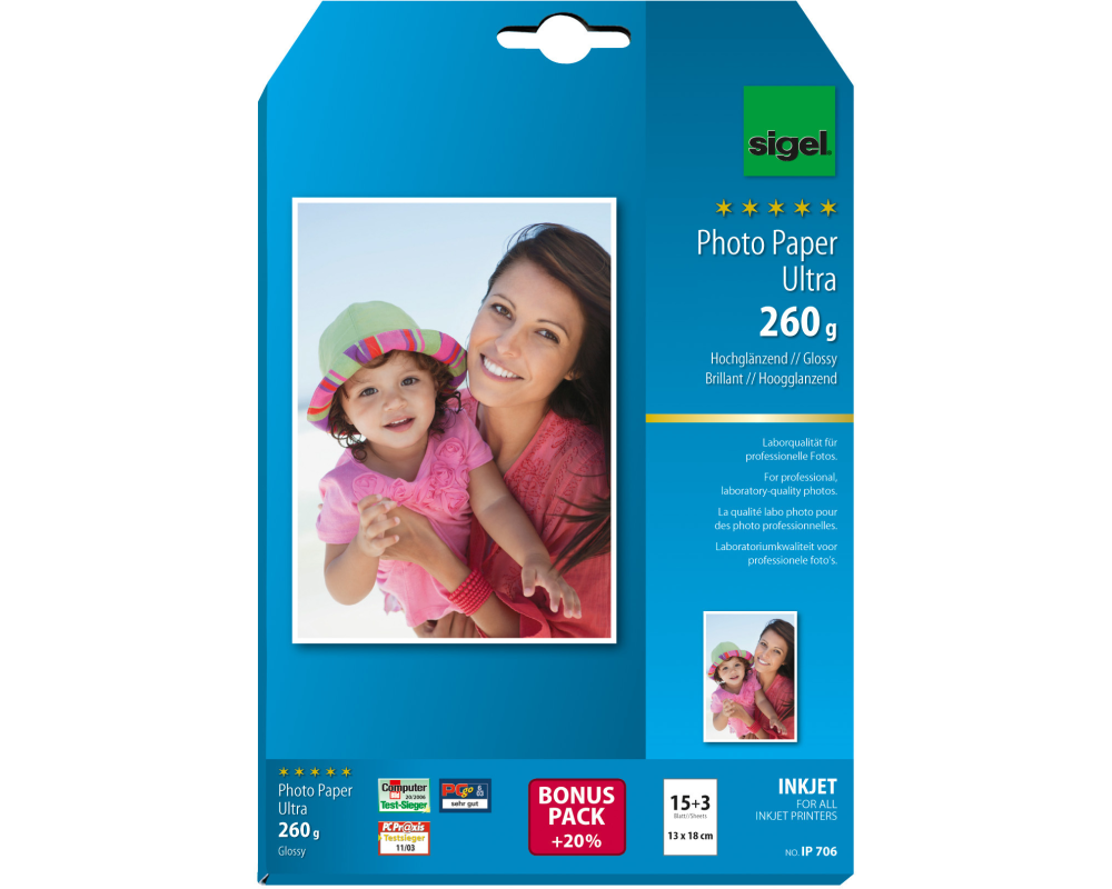 SIGEL InkJet Fotopapier 13x18cm IP706 260g,glossy, weiss 18 Blatt