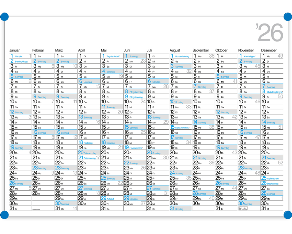 BÜHNER Jahresplaner DE 2026 M12-CH-B-FSC 12M 67x47cm