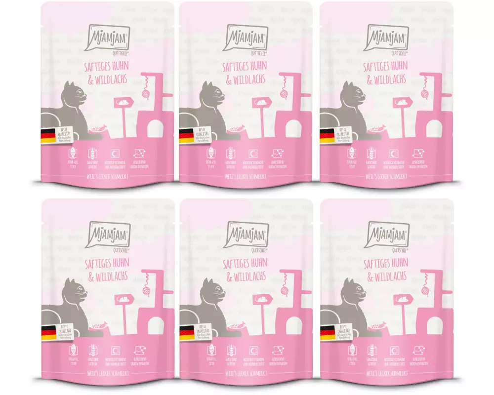 Mjamjam Nassfutter Quetschie Huhn & Wildlachs, 6 x 300 g