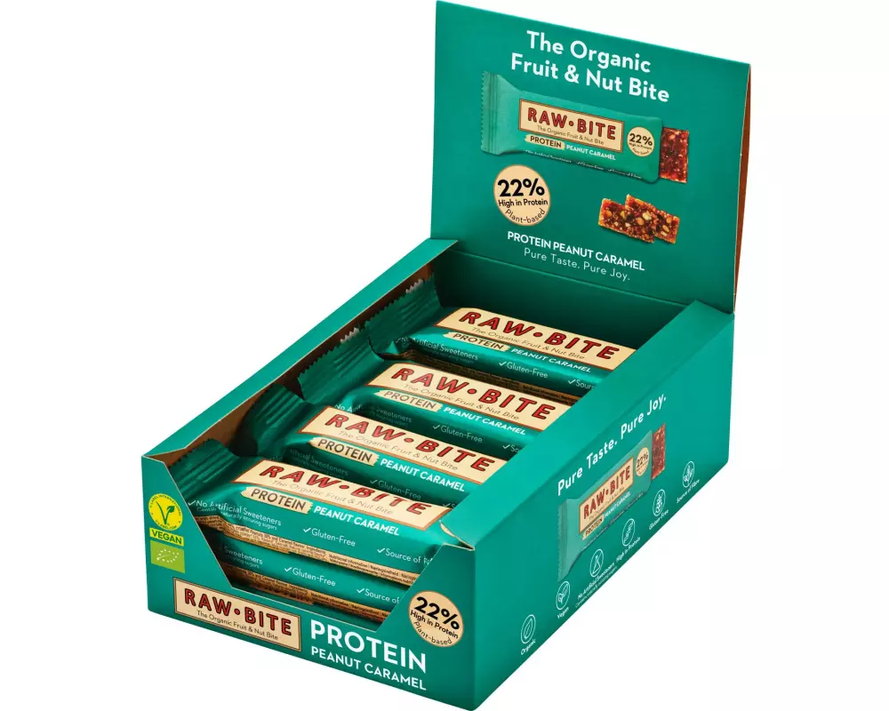 Rawbite Rohkostriegel Protein Peanut Caramel, 12 x 45g