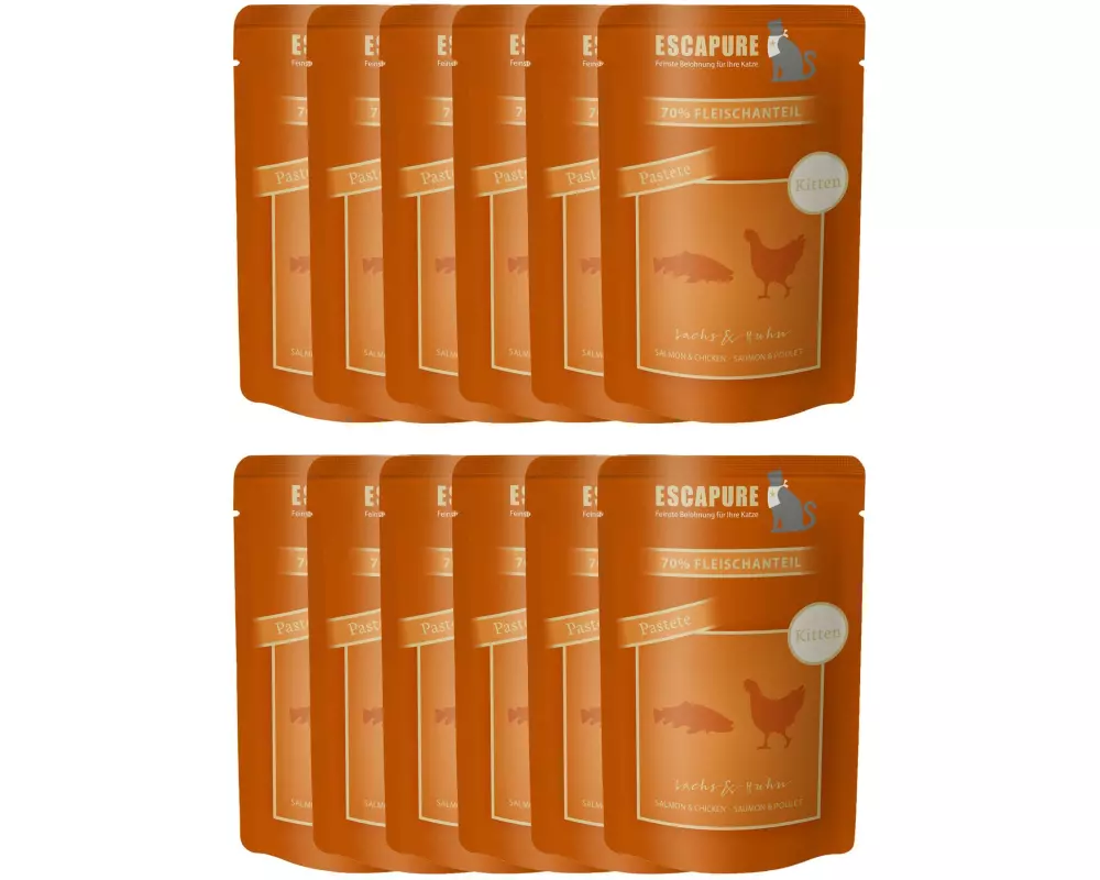 Escapure Nassfutter Pouch Kitten Lachs & Huhn, 12 x 100 g