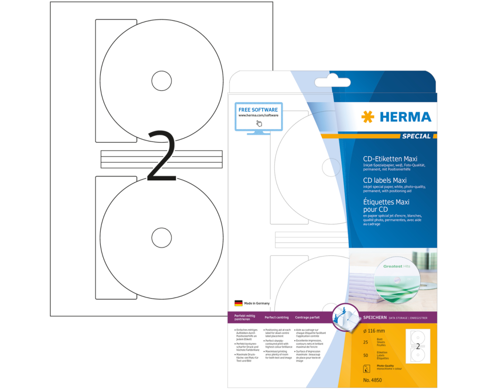 HERMA CD-Etiketten Ø116mm 4850 50 Stück, 25 Blatt