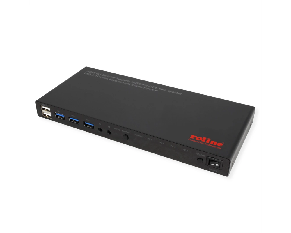 ROLINE KVM Switch, HDMI 4K, USB, 1 User - 4 PC, mit 3-Port USB-Hub