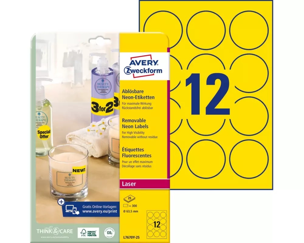Avery Zweckform Runde Etiketten Ø 63.5 mm, 25 Blatt, Neongelb