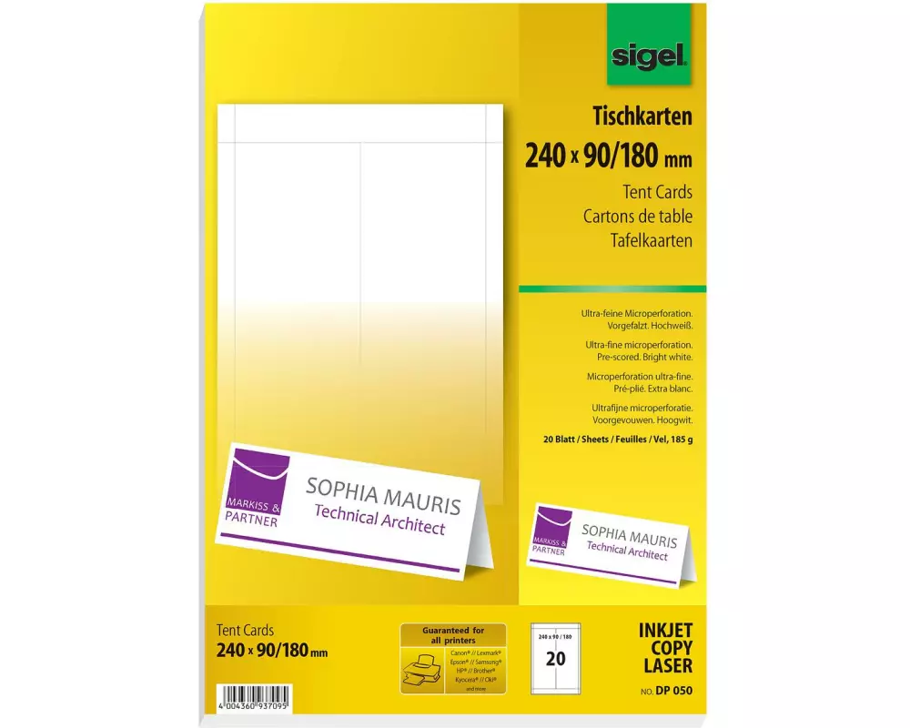 Sigel Tischkarte 24 x 9 x 18 cm, 20 Blatt, 185 g, Weiss
