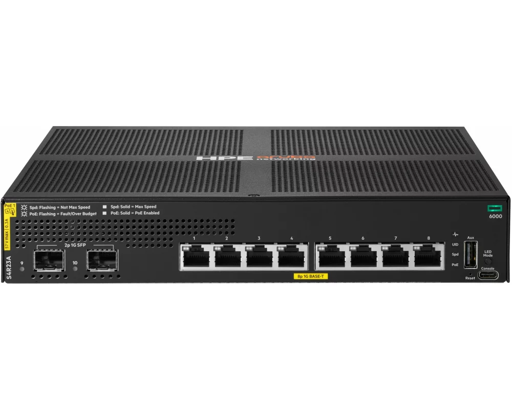 HPE Aruba CX 6000 Switch, 8x 1GBase-T Class 4 PoE, 2 SFP Ports, PoE 67W, 1U, Layer 2, ACL, QoS, Web GUI, CLI, Aruba NetEdit, Fanless