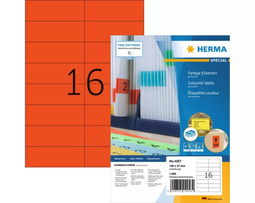 HERMA Farbige Etiketten A4, 105 x 37 mm, rot, 1600 Etiketten
