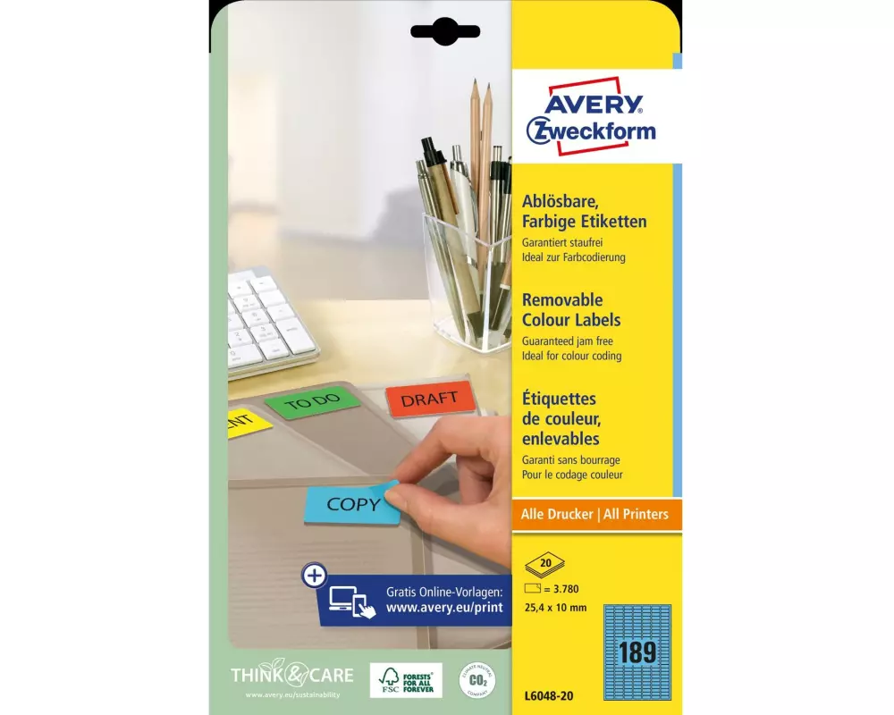 Avery Zweckform Ordneretiketten 25.4 x 10 mm, 20 Blatt, Blau