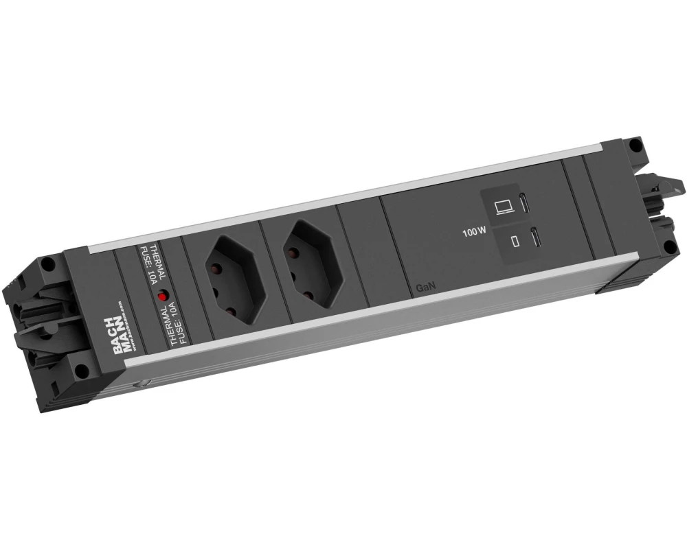 Bachmann Einbausteckerleiste STEP ALU 2xT13 90° 1xUSB C/C 100W