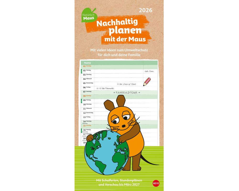 HEYE Familienplaner 2026 23645+26 Nachhaltig Planen Maus 21x45cm
