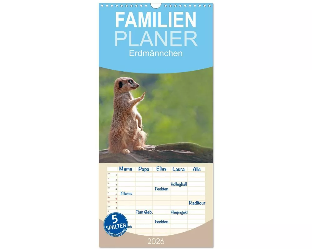 Familienplaner 2026 - Erdmännchen mit 5 Spalten (Wandkalender, 21 x 45 cm) CALVENDO