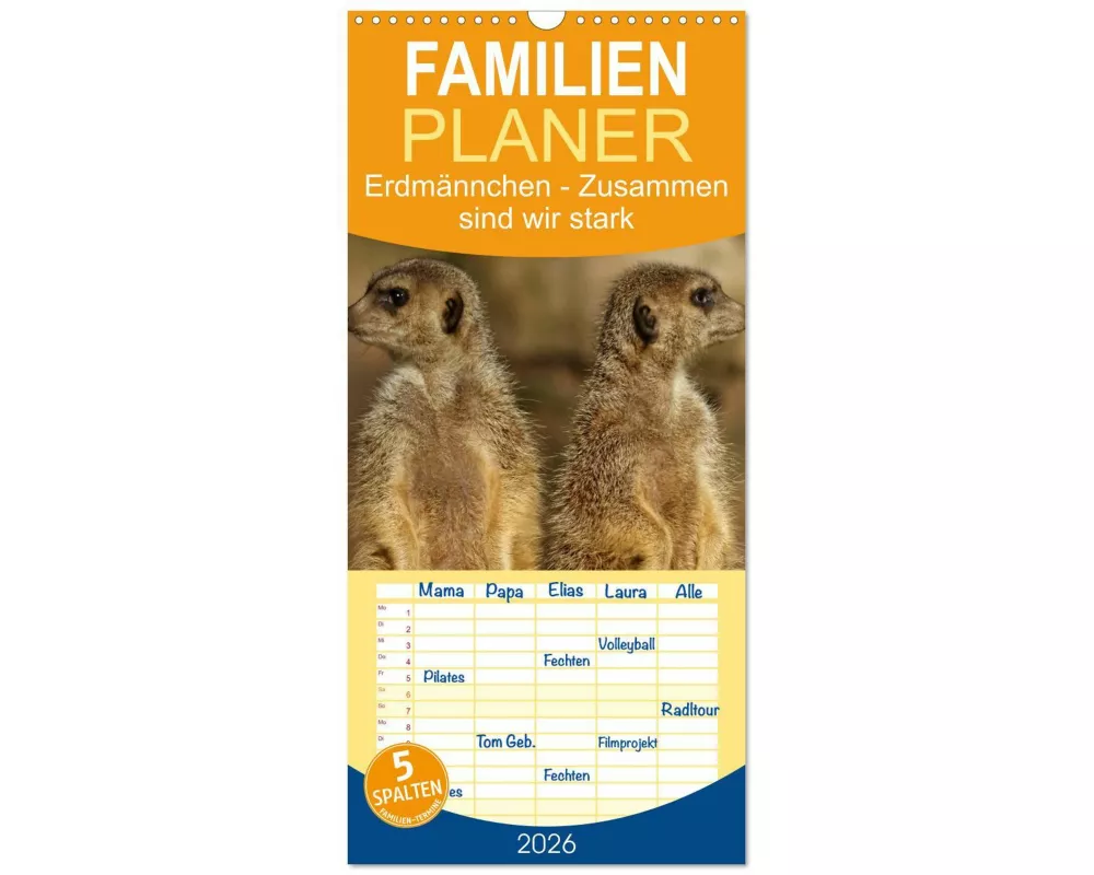 Familienplaner 2026 - Erdmännchen - Zusammen sind wir stark mit 5 Spalten (Wandkalender, 21 x 45 cm) CALVENDO
